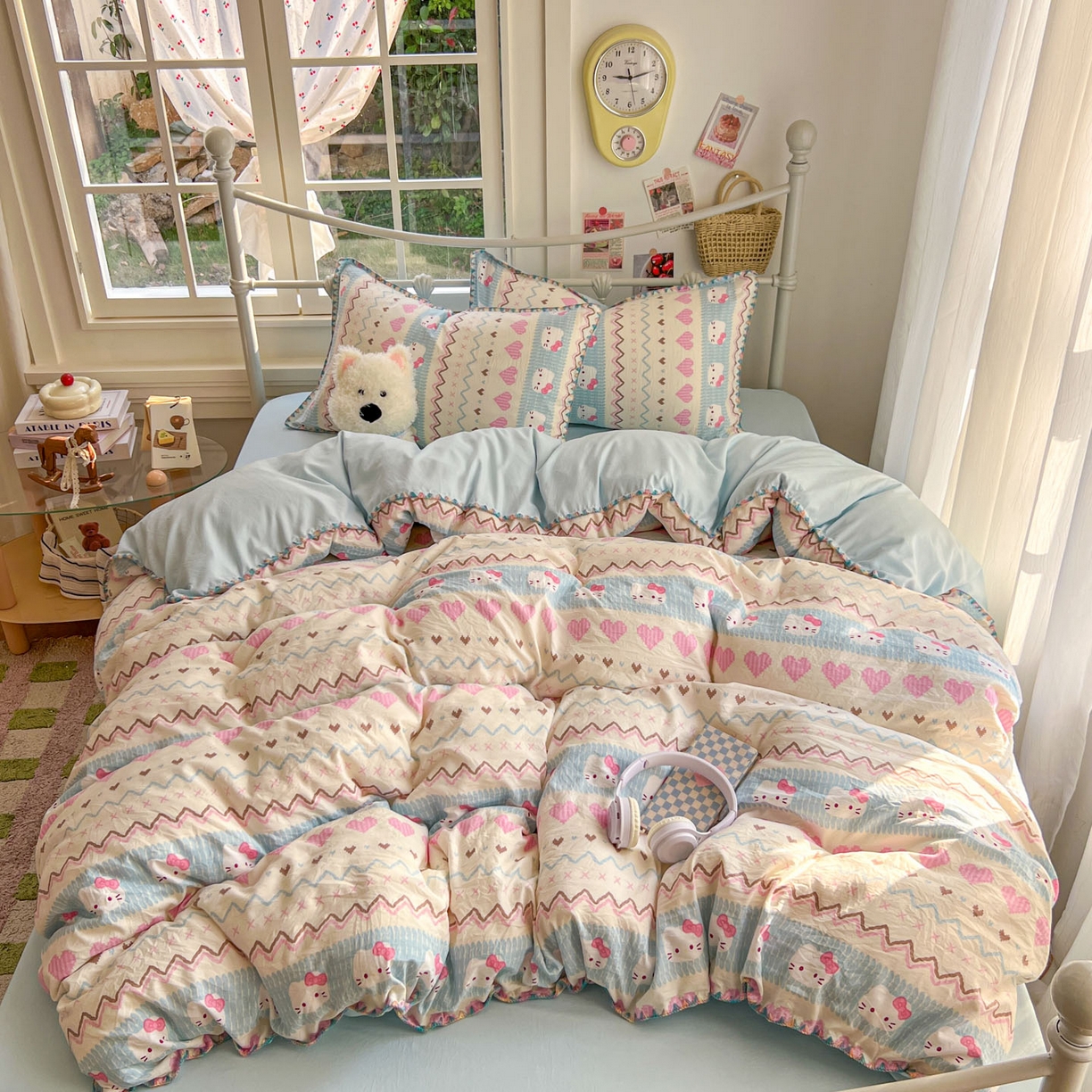 91家纺网 家纺一手货源 找家纺 冕悠家纺 2026新款超柔软卡通七彩贝壳边水洗棉四件套 提供买家秀 七彩-猫猫奶蓝