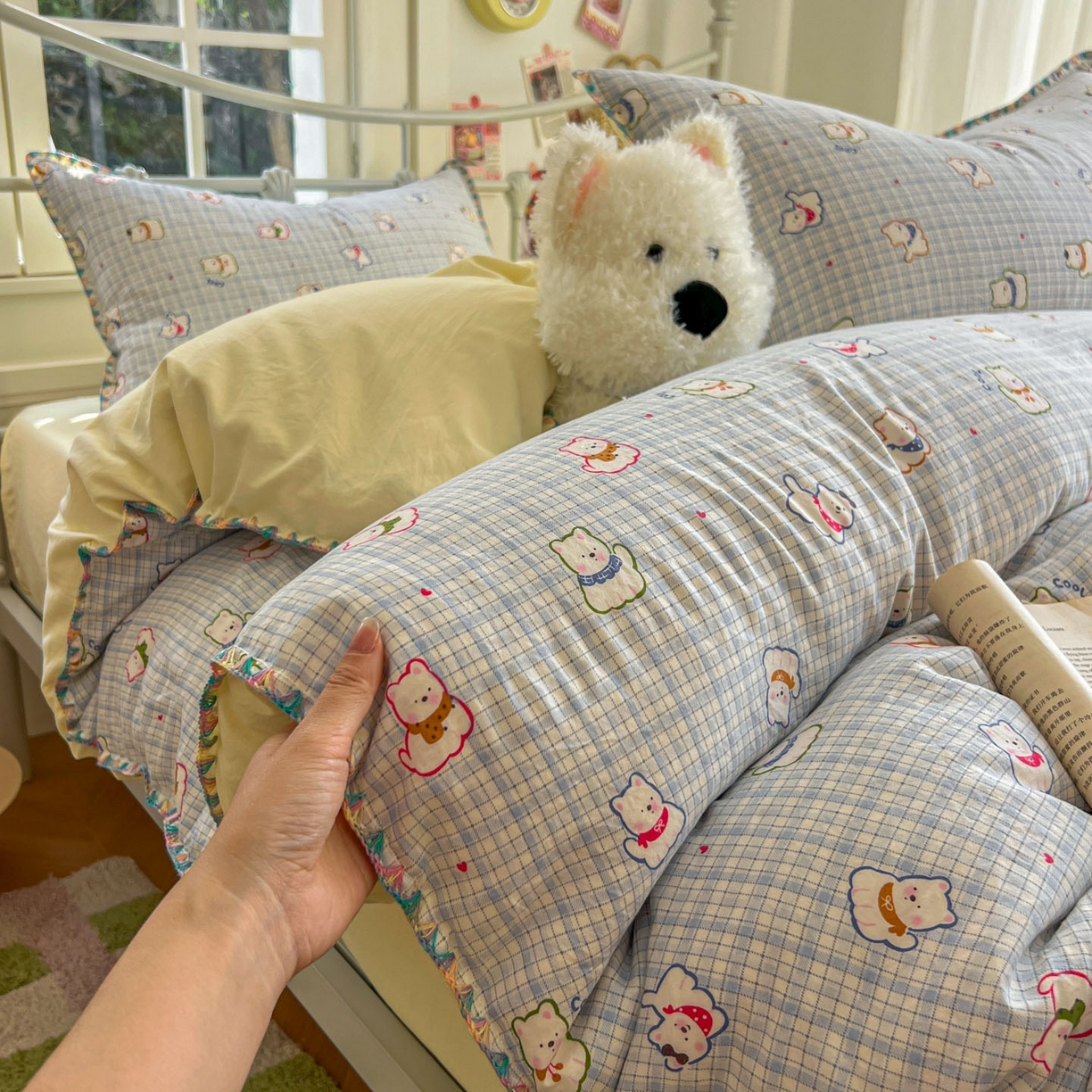 91家纺网 家纺一手货源 找家纺 冕悠家纺 2026新款超柔软卡通七彩贝壳边水洗棉四件套 提供买家秀 七彩-狗狗奶黄