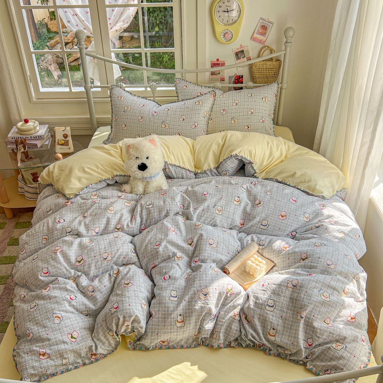 91家纺网 家纺一手货源 找家纺 冕悠家纺 2026新款超柔软卡通七彩贝壳边水洗棉四件套 提供买家秀 七彩-狗狗奶黄