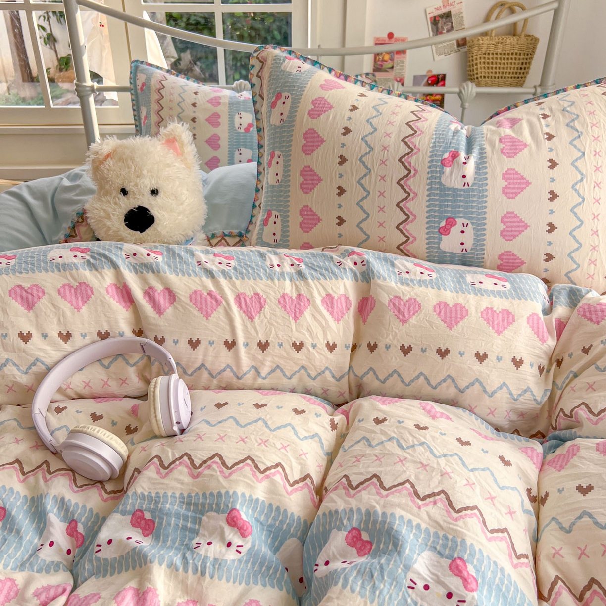 91家纺网 家纺一手货源 找家纺 冕悠家纺 2026新款超柔软卡通七彩贝壳边水洗棉四件套 提供买家秀 七彩-猫猫奶蓝