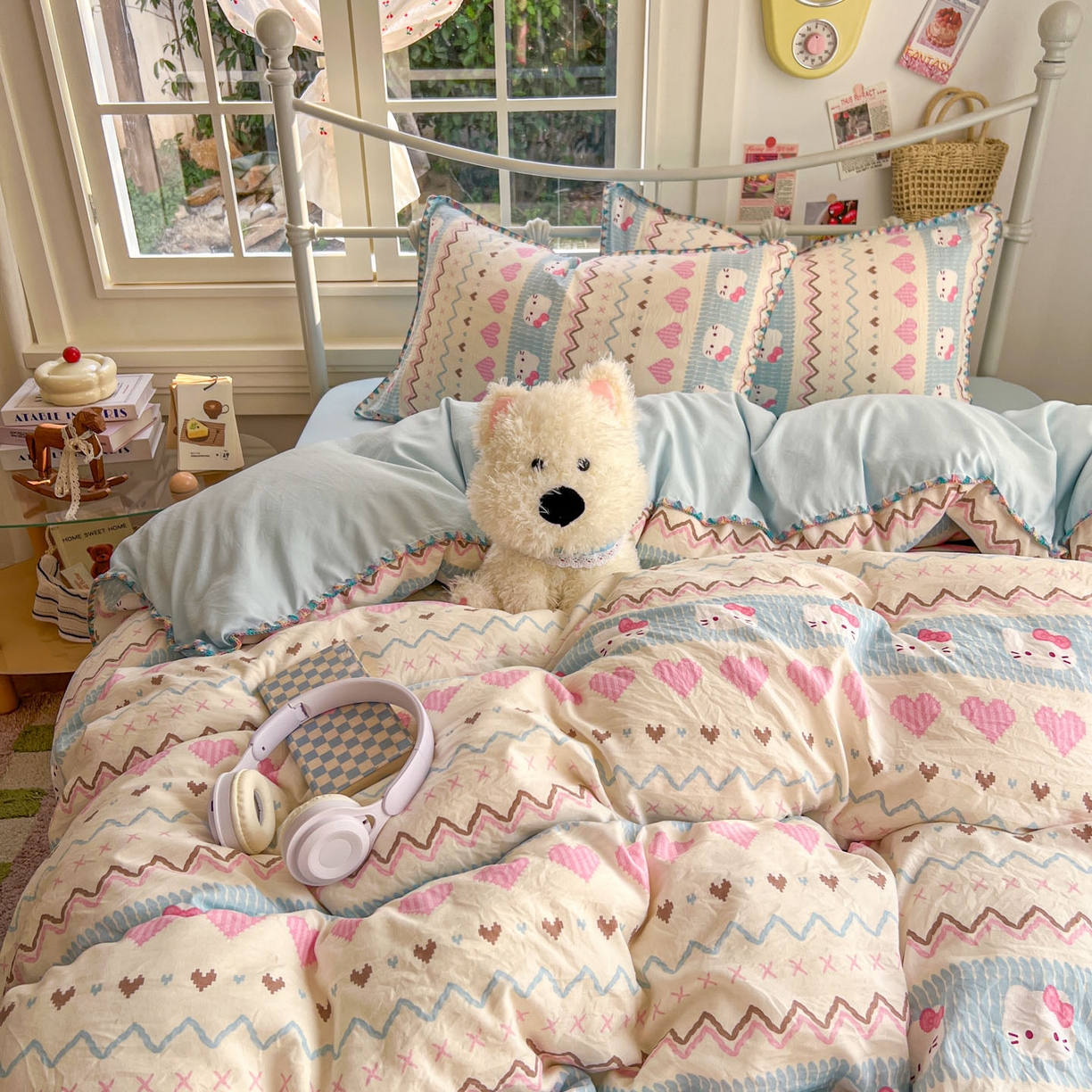 91家纺网 家纺一手货源 找家纺 冕悠家纺 2026新款超柔软卡通七彩贝壳边水洗棉四件套 提供买家秀 七彩-猫猫奶蓝