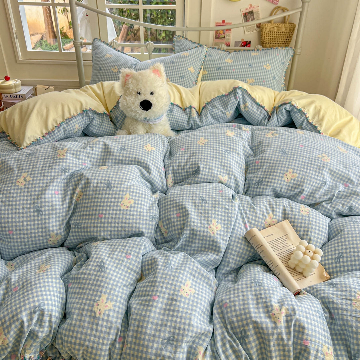 91家纺网 家纺一手货源 找家纺 冕悠家纺 2026新款超柔软卡通七彩贝壳边水洗棉四件套 提供买家秀 七彩-兔兔奶黄