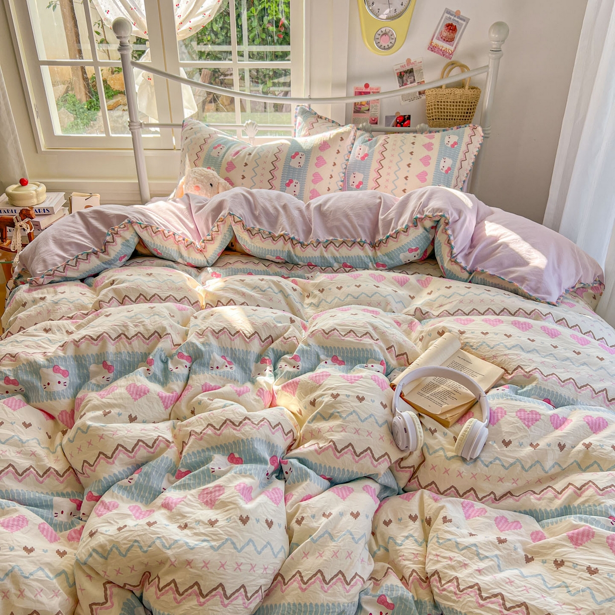 91家纺网 家纺一手货源 找家纺 冕悠家纺 2026新款超柔软卡通七彩贝壳边水洗棉四件套 提供买家秀 七彩-猫猫奶紫