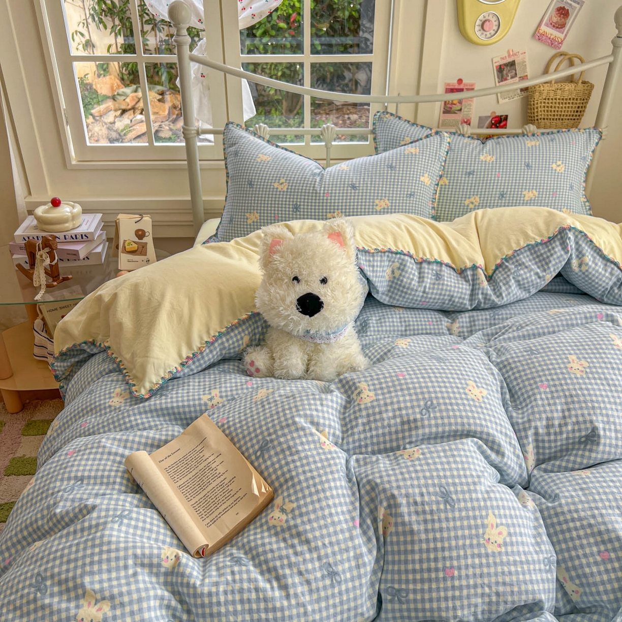 91家纺网 家纺一手货源 找家纺 冕悠家纺 2026新款超柔软卡通七彩贝壳边水洗棉四件套 提供买家秀 七彩-兔兔奶黄