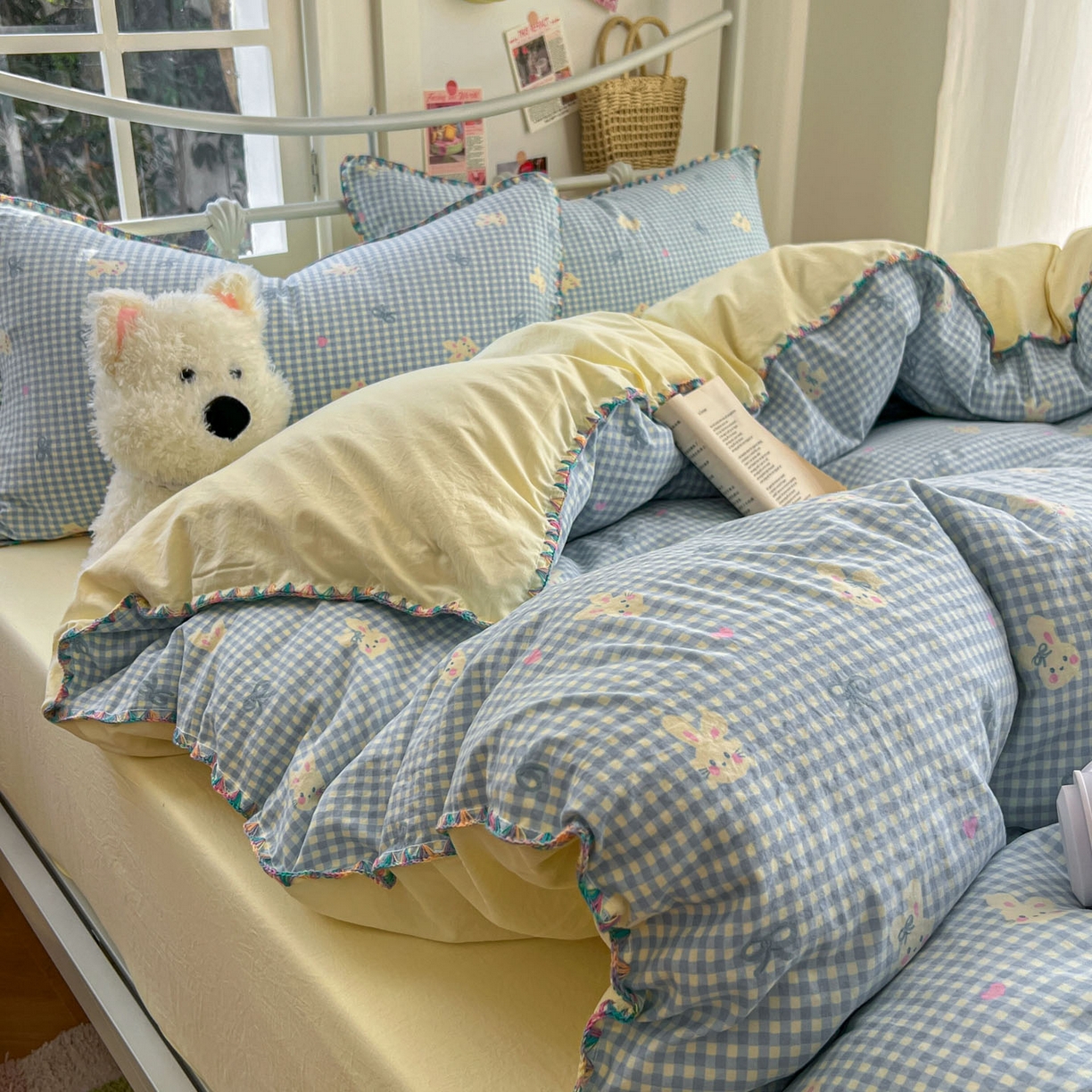 91家纺网 家纺一手货源 找家纺 冕悠家纺 2026新款超柔软卡通七彩贝壳边水洗棉四件套 提供买家秀 七彩-兔兔奶黄