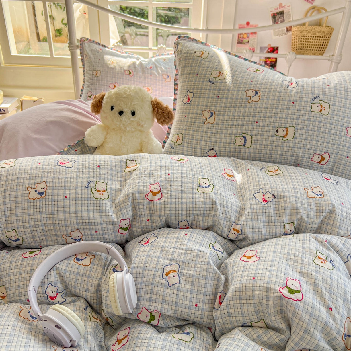 91家纺网 家纺一手货源 找家纺 冕悠家纺 2026新款超柔软卡通七彩贝壳边水洗棉四件套 提供买家秀 七彩- 狗狗奶紫