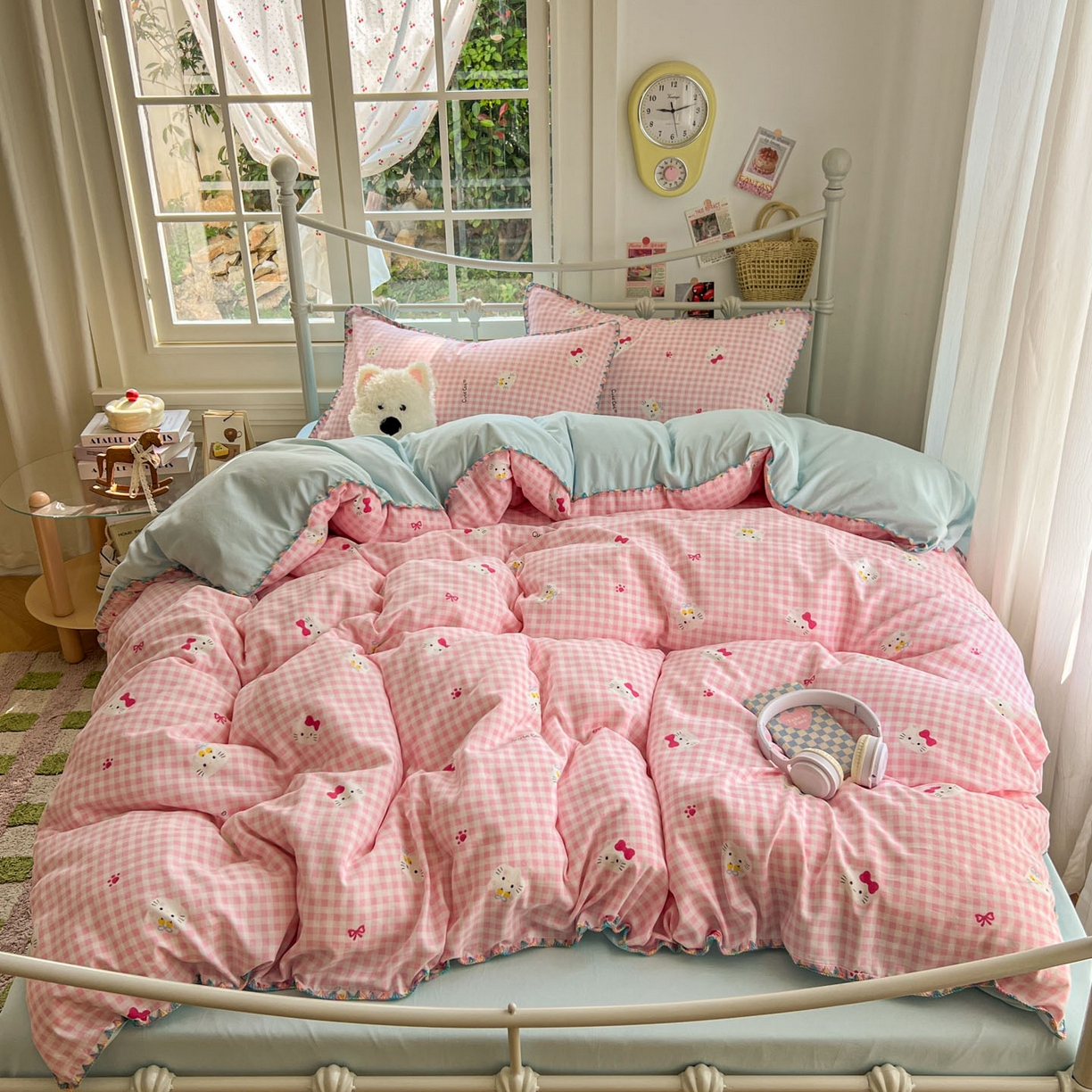 91家纺网 家纺一手货源 找家纺 冕悠家纺 2026新款超柔软卡通七彩贝壳边水洗棉四件套 提供买家秀 七彩-粉猫奶蓝