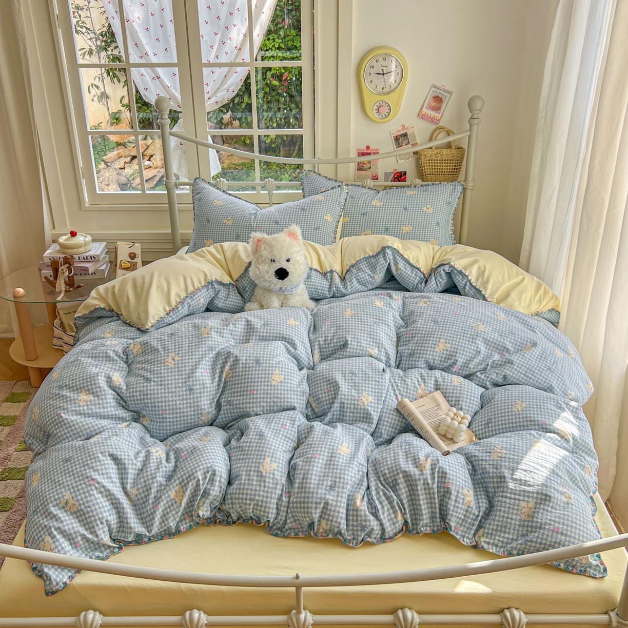 91家纺网 家纺一手货源 找家纺 冕悠家纺 2026新款超柔软卡通七彩贝壳边水洗棉四件套 提供买家秀 七彩-兔兔奶黄