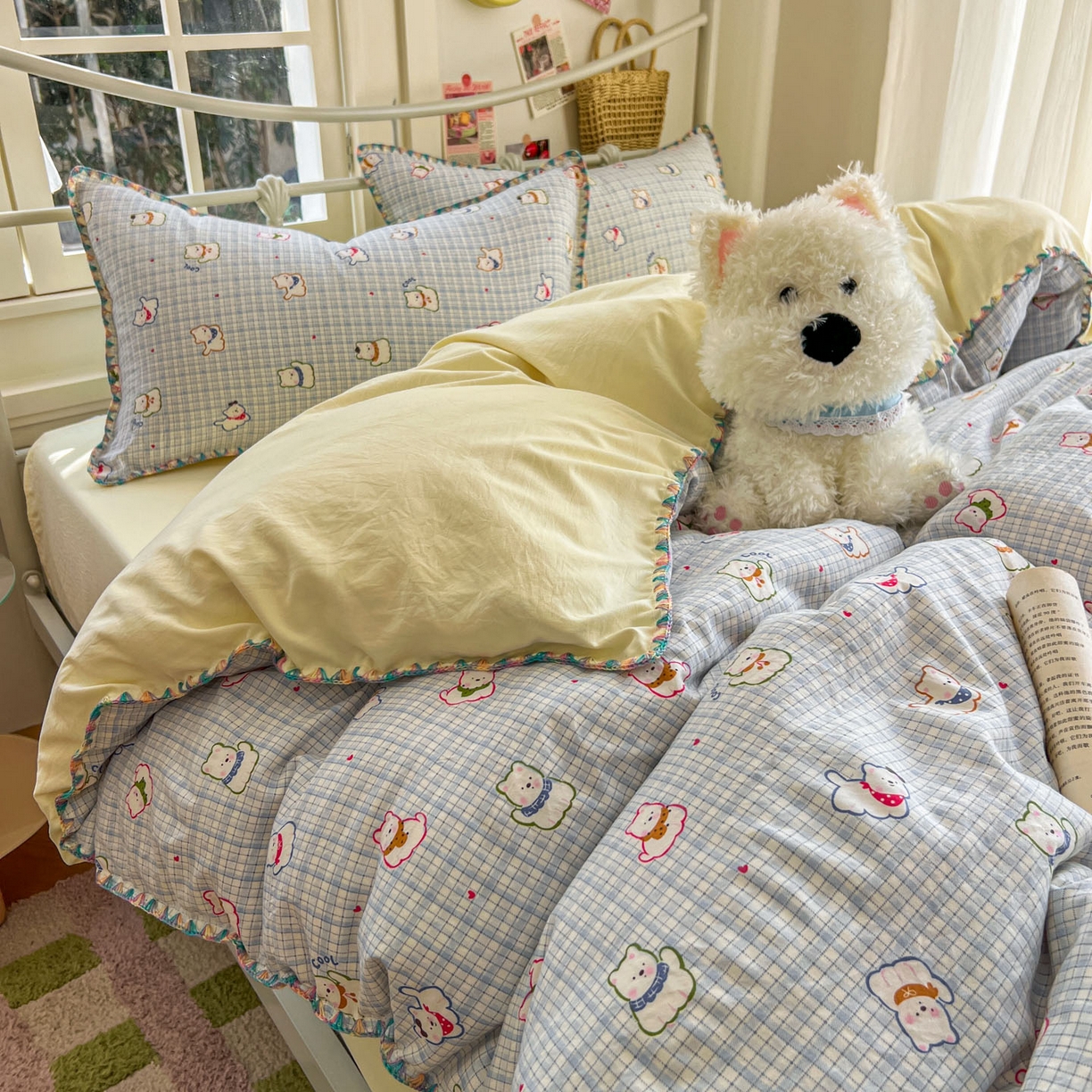 91家纺网 家纺一手货源 找家纺 冕悠家纺 2026新款超柔软卡通七彩贝壳边水洗棉四件套 提供买家秀 七彩-狗狗奶黄