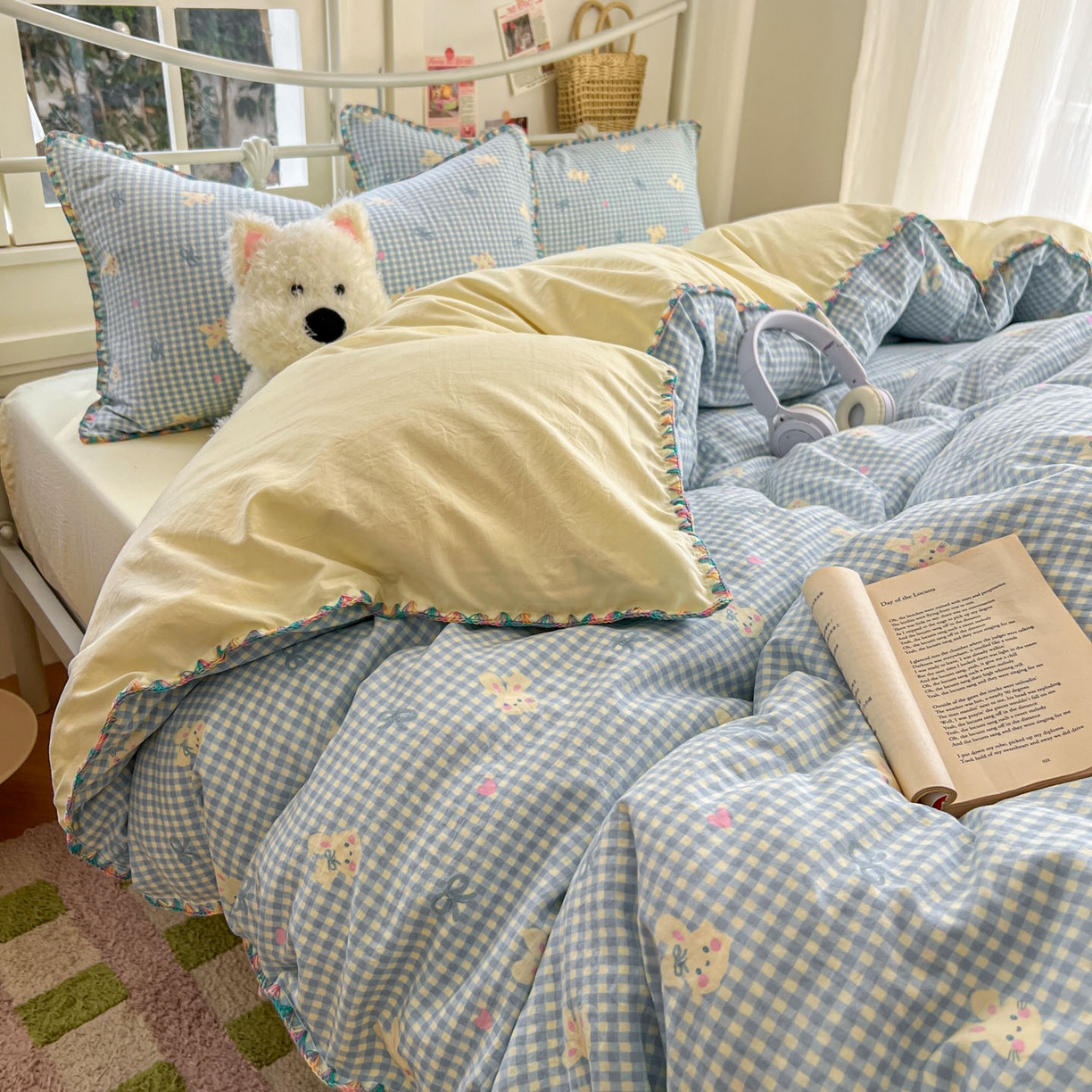 91家纺网 家纺一手货源 找家纺 冕悠家纺 2026新款超柔软卡通七彩贝壳边水洗棉四件套 提供买家秀 七彩-兔兔奶黄