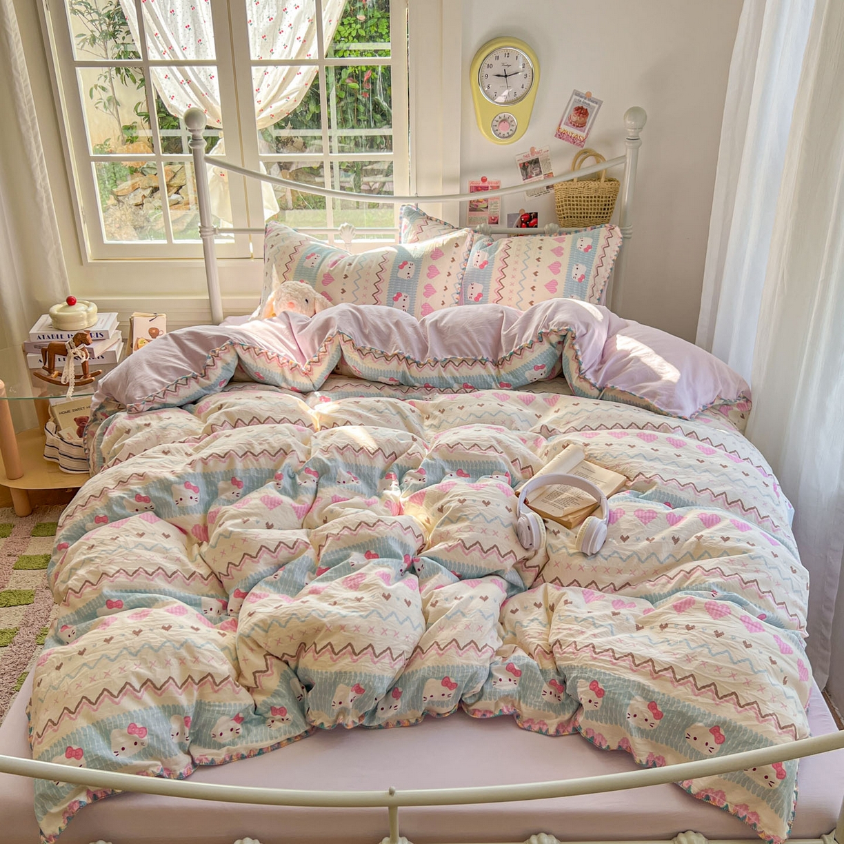 91家纺网 家纺一手货源 找家纺 冕悠家纺 2026新款超柔软卡通七彩贝壳边水洗棉四件套 提供买家秀 七彩-猫猫奶紫