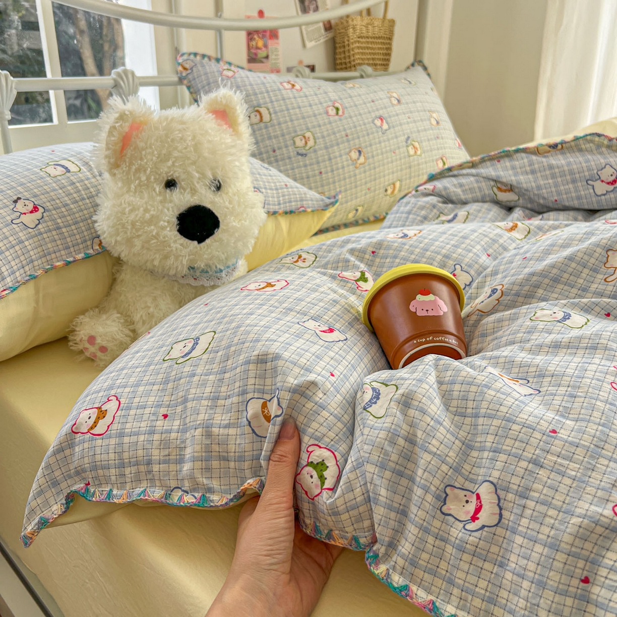 91家纺网 家纺一手货源 找家纺 冕悠家纺 2026新款超柔软卡通七彩贝壳边水洗棉四件套 提供买家秀 七彩-狗狗奶黄