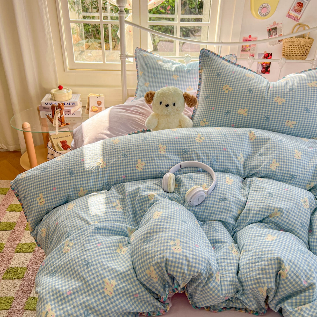 91家纺网 家纺一手货源 找家纺 冕悠家纺 2026新款超柔软卡通七彩贝壳边水洗棉四件套 提供买家秀 七彩-兔兔奶紫