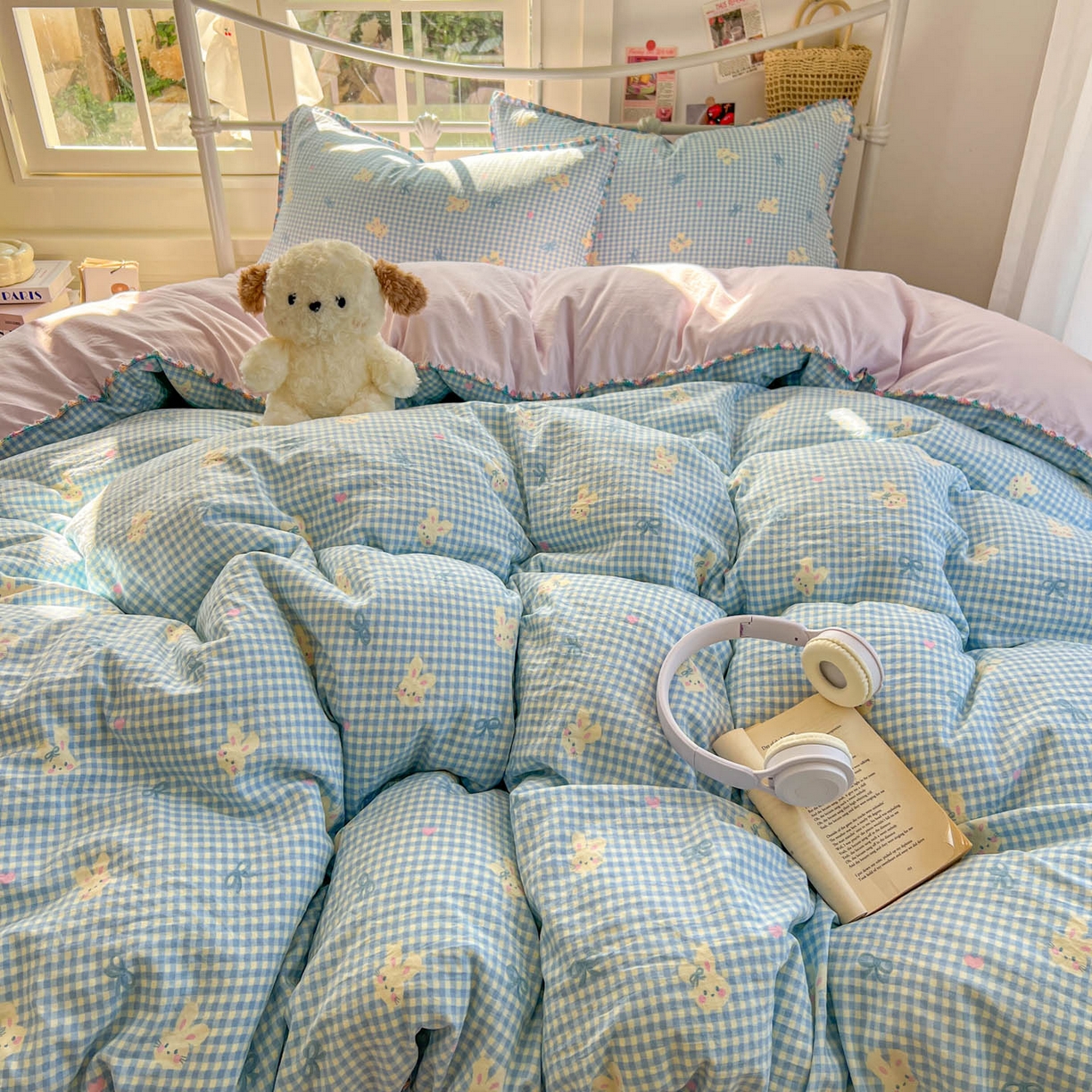 91家纺网 家纺一手货源 找家纺 冕悠家纺 2026新款超柔软卡通七彩贝壳边水洗棉四件套 提供买家秀 七彩-兔兔奶紫