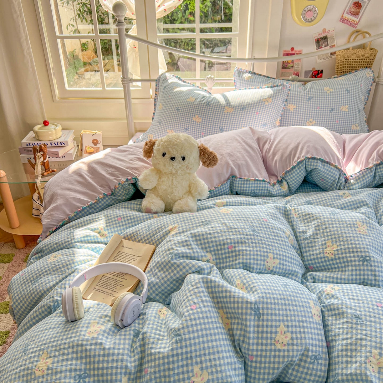 91家纺网 家纺一手货源 找家纺 冕悠家纺 2026新款超柔软卡通七彩贝壳边水洗棉四件套 提供买家秀 七彩-兔兔奶紫