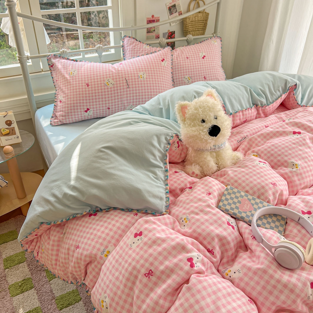 91家纺网 家纺一手货源 找家纺 冕悠家纺 2026新款超柔软卡通七彩贝壳边水洗棉四件套 提供买家秀 七彩-粉猫奶蓝