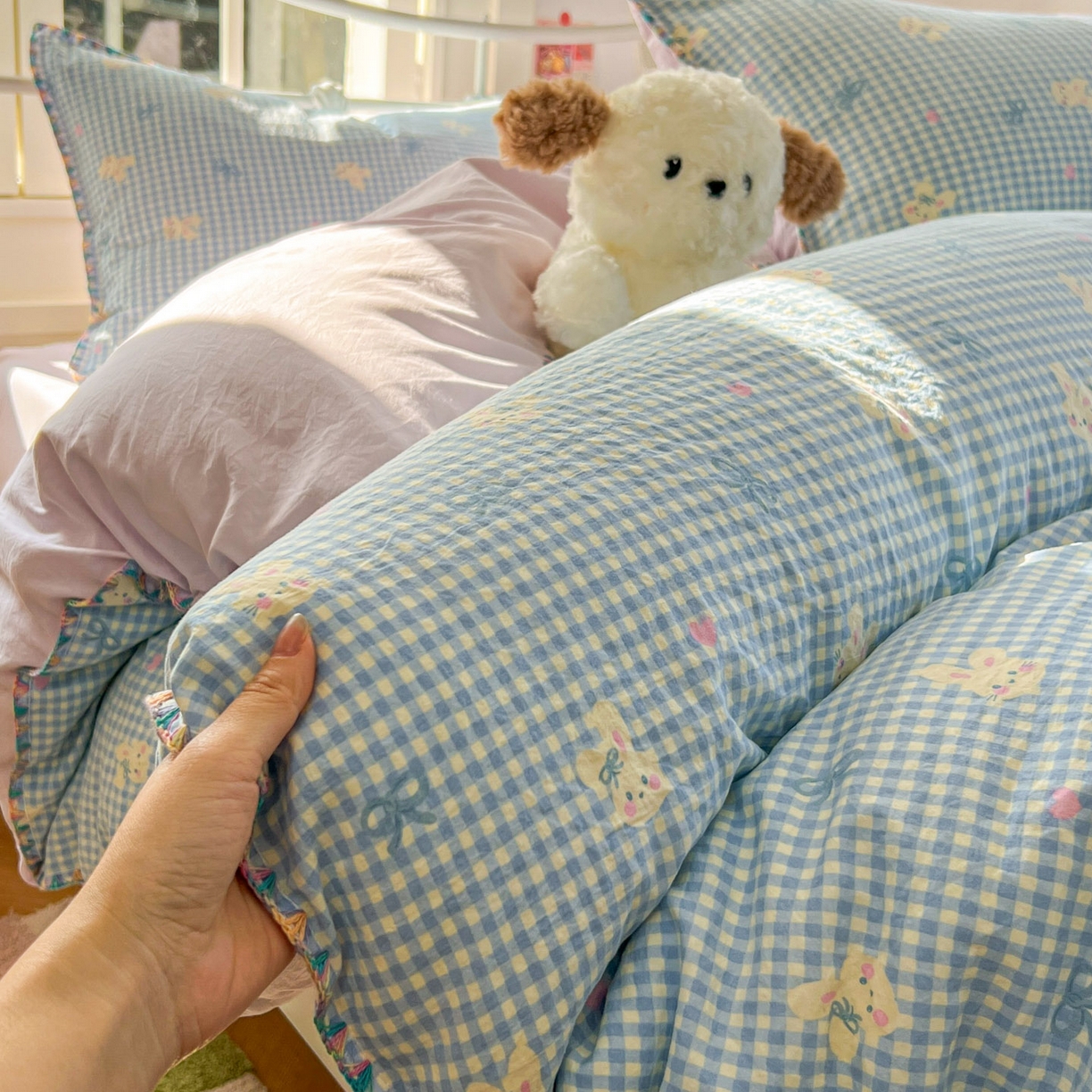 91家纺网 家纺一手货源 找家纺 冕悠家纺 2026新款超柔软卡通七彩贝壳边水洗棉四件套 提供买家秀 七彩-兔兔奶紫