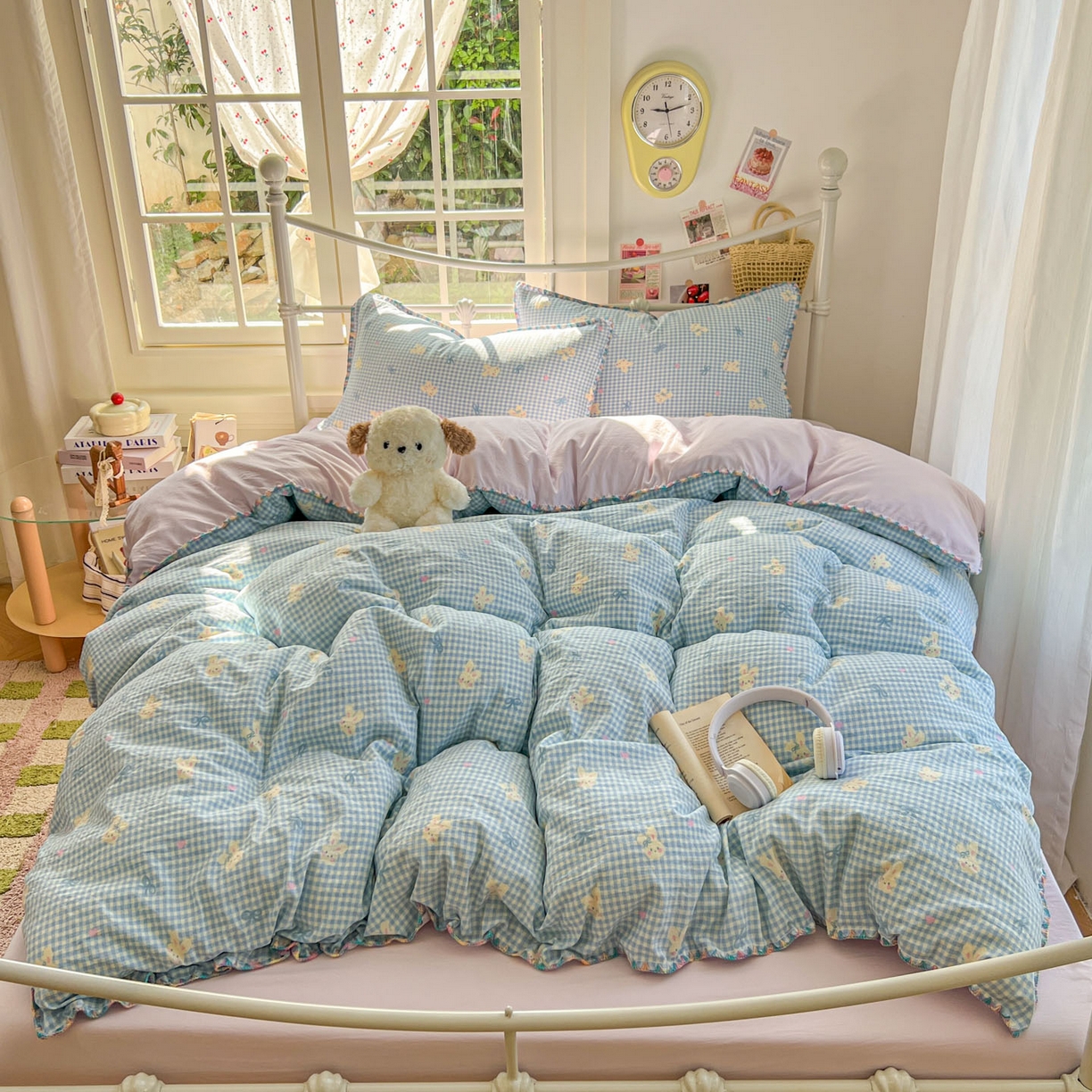 91家纺网 家纺一手货源 找家纺 冕悠家纺 2026新款超柔软卡通七彩贝壳边水洗棉四件套 提供买家秀 七彩-兔兔奶紫