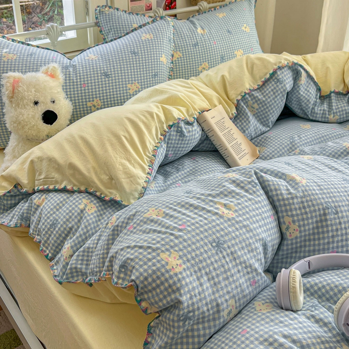 91家纺网 家纺一手货源 找家纺 冕悠家纺 2026新款超柔软卡通七彩贝壳边水洗棉四件套 提供买家秀 七彩-兔兔奶黄