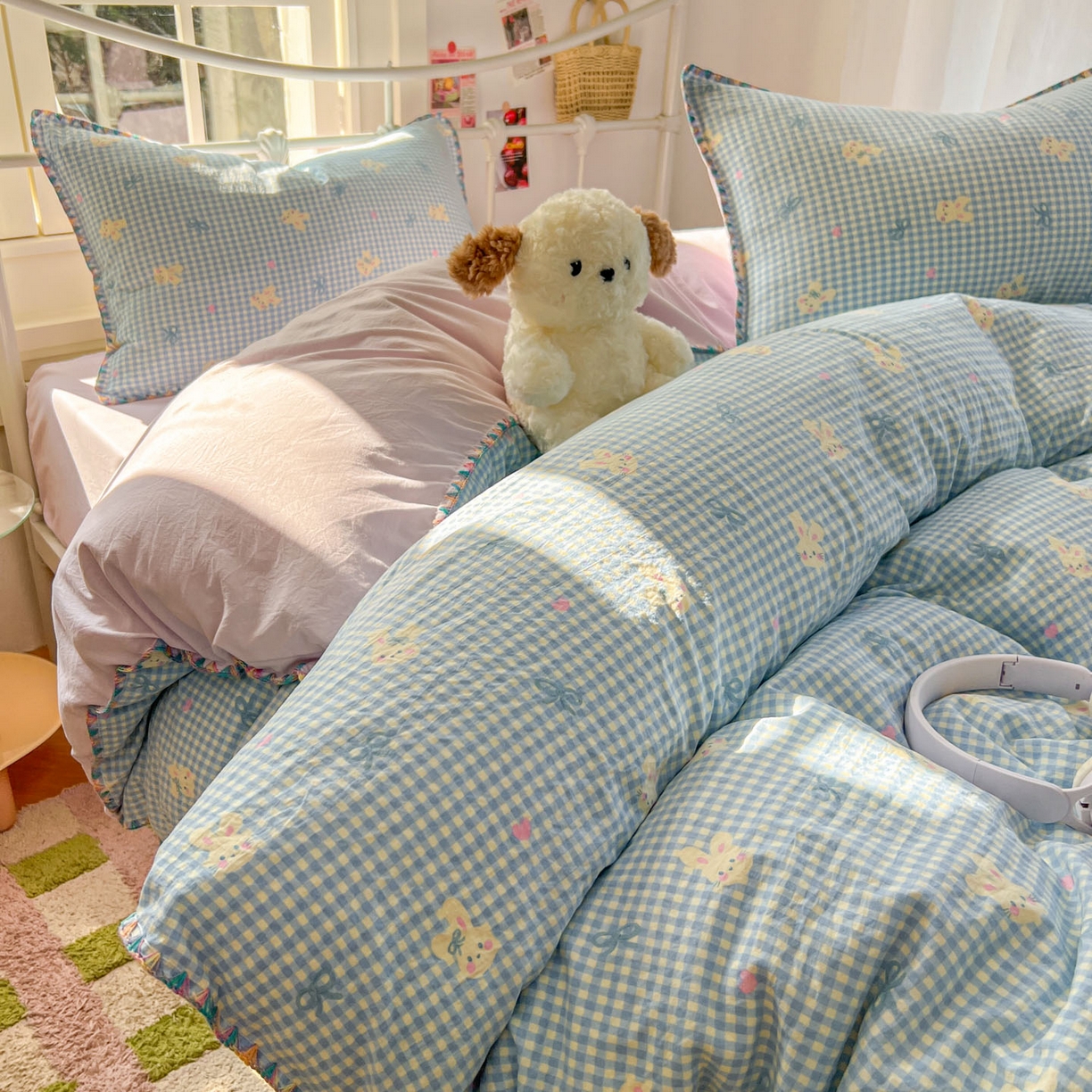 91家纺网 家纺一手货源 找家纺 冕悠家纺 2026新款超柔软卡通七彩贝壳边水洗棉四件套 提供买家秀 七彩-兔兔奶紫