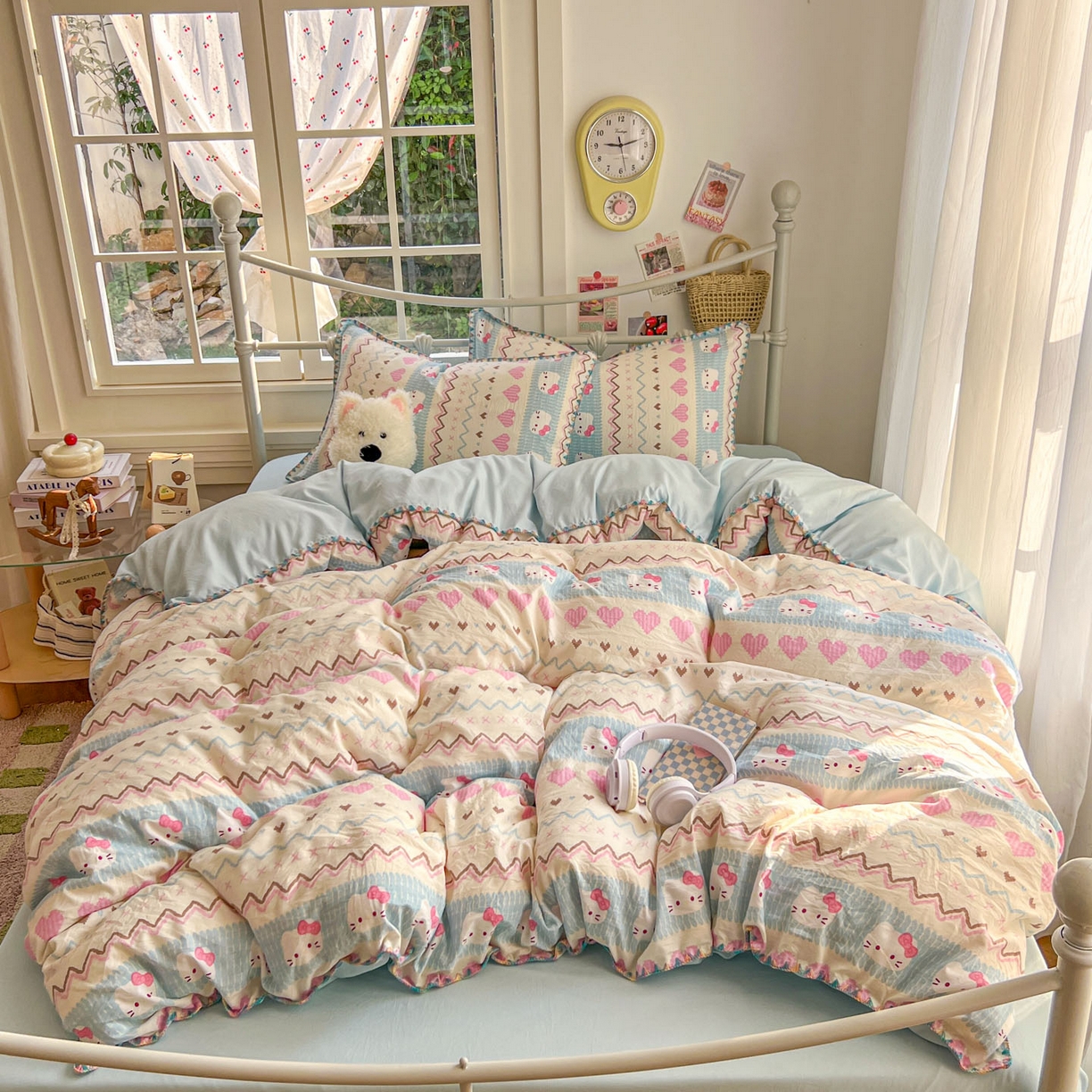 91家纺网 家纺一手货源 找家纺 冕悠家纺 2026新款超柔软卡通七彩贝壳边水洗棉四件套 提供买家秀 七彩-猫猫奶蓝