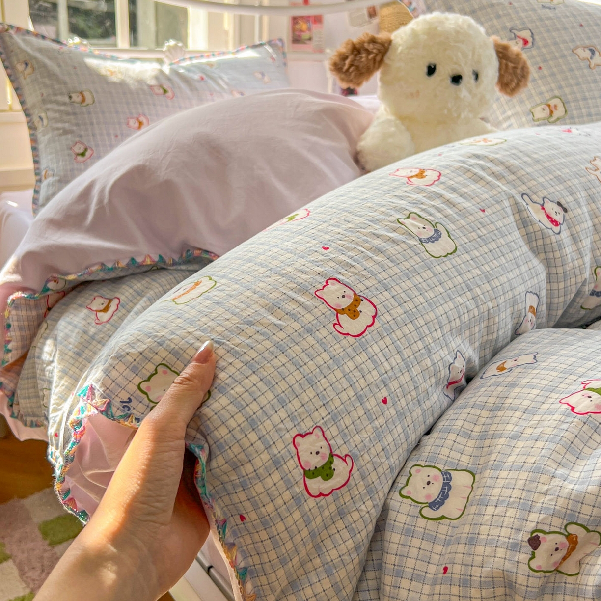 91家纺网 家纺一手货源 找家纺 冕悠家纺 2026新款超柔软卡通七彩贝壳边水洗棉四件套 提供买家秀 七彩- 狗狗奶紫