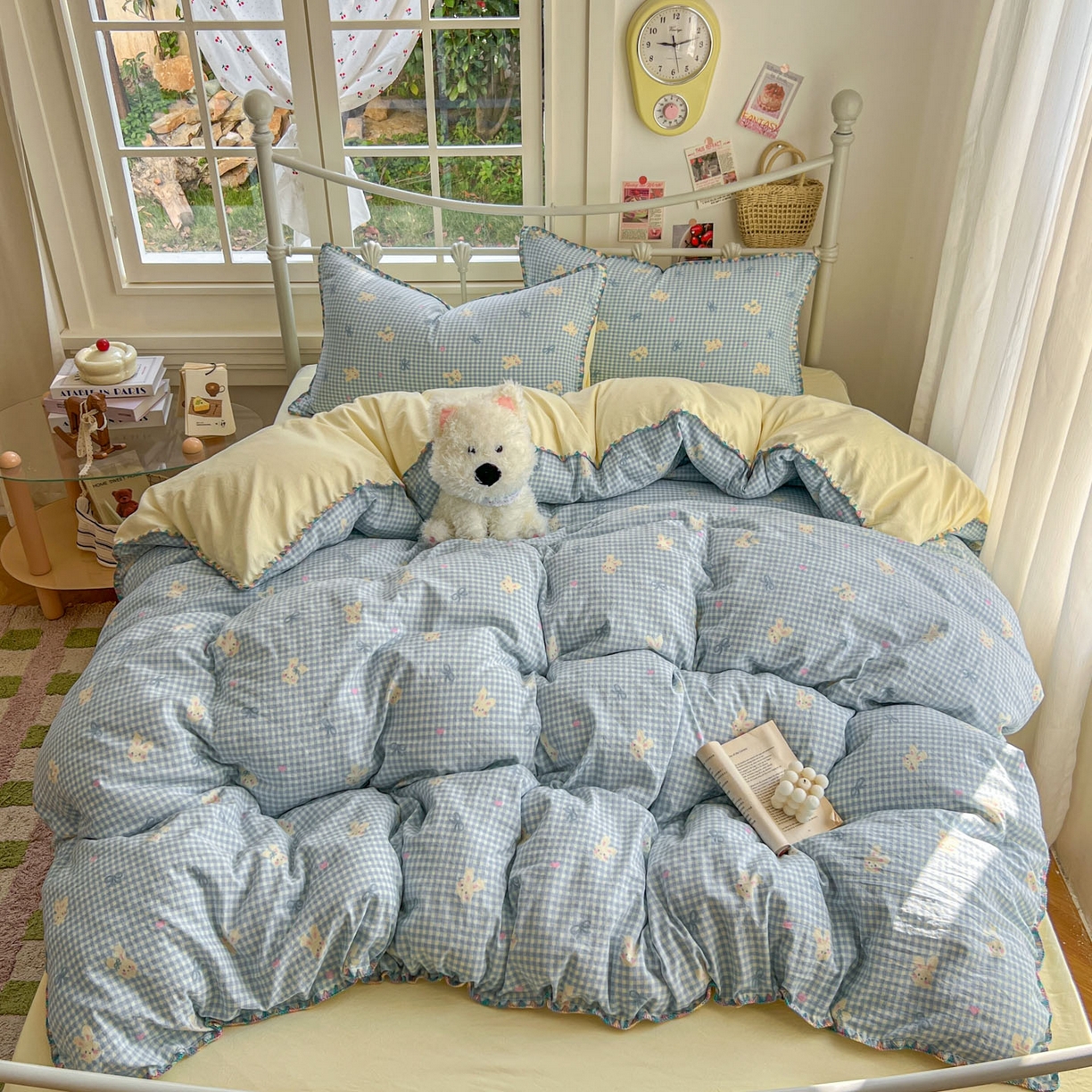 91家纺网 家纺一手货源 找家纺 冕悠家纺 2026新款超柔软卡通七彩贝壳边水洗棉四件套 提供买家秀 七彩-兔兔奶黄