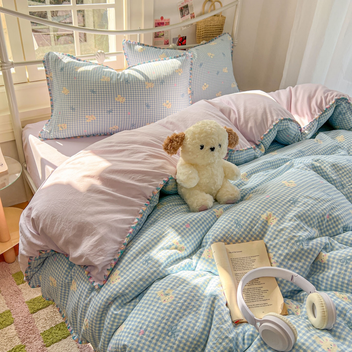 91家纺网 家纺一手货源 找家纺 冕悠家纺 2026新款超柔软卡通七彩贝壳边水洗棉四件套 提供买家秀 七彩-兔兔奶紫