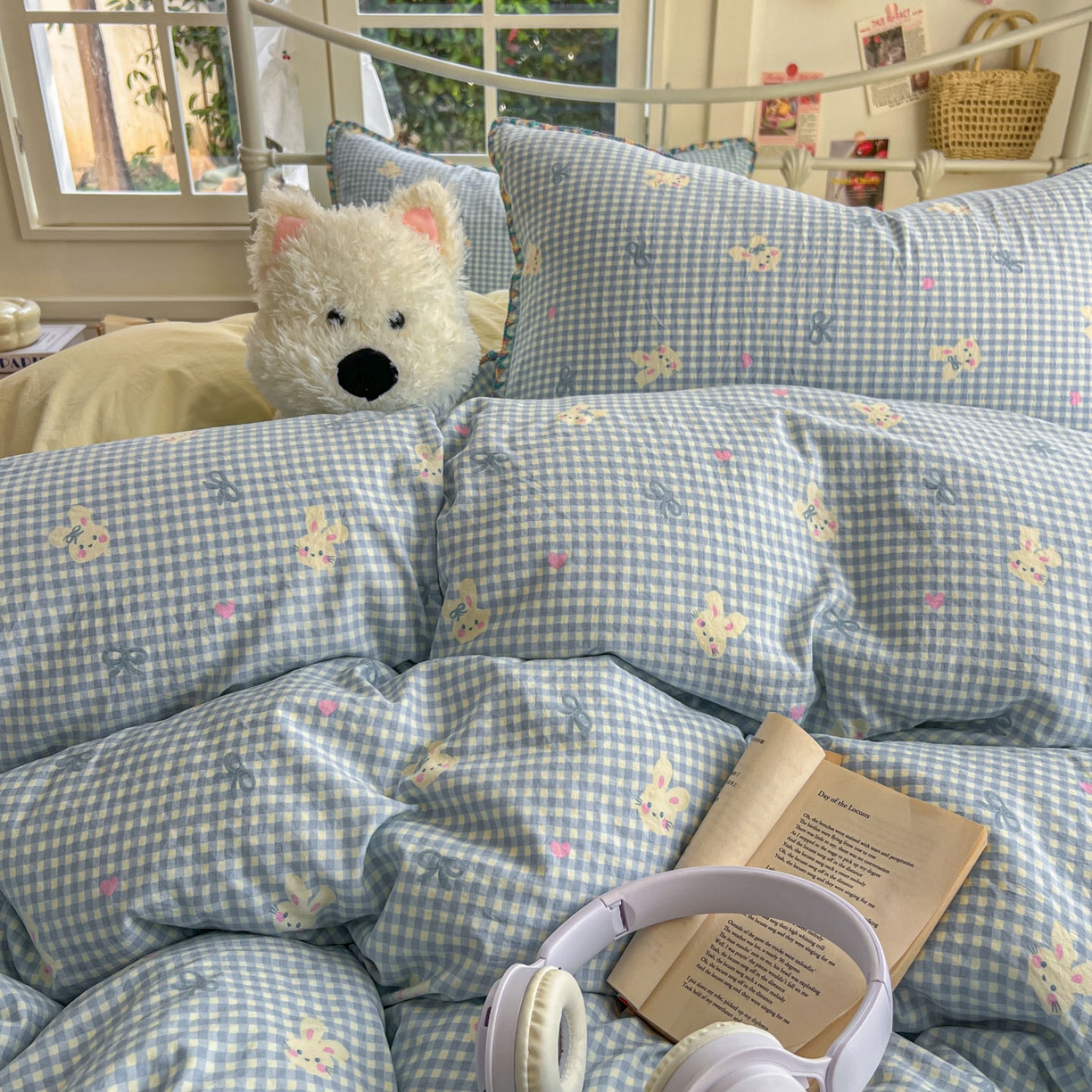 91家纺网 家纺一手货源 找家纺 冕悠家纺 2026新款超柔软卡通七彩贝壳边水洗棉四件套 提供买家秀 七彩-兔兔奶黄