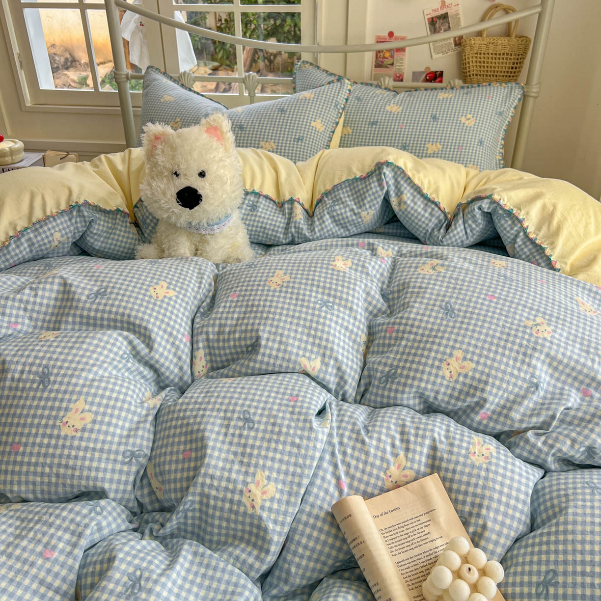 91家纺网 家纺一手货源 找家纺 冕悠家纺 2026新款超柔软卡通七彩贝壳边水洗棉四件套 提供买家秀 七彩-兔兔奶黄