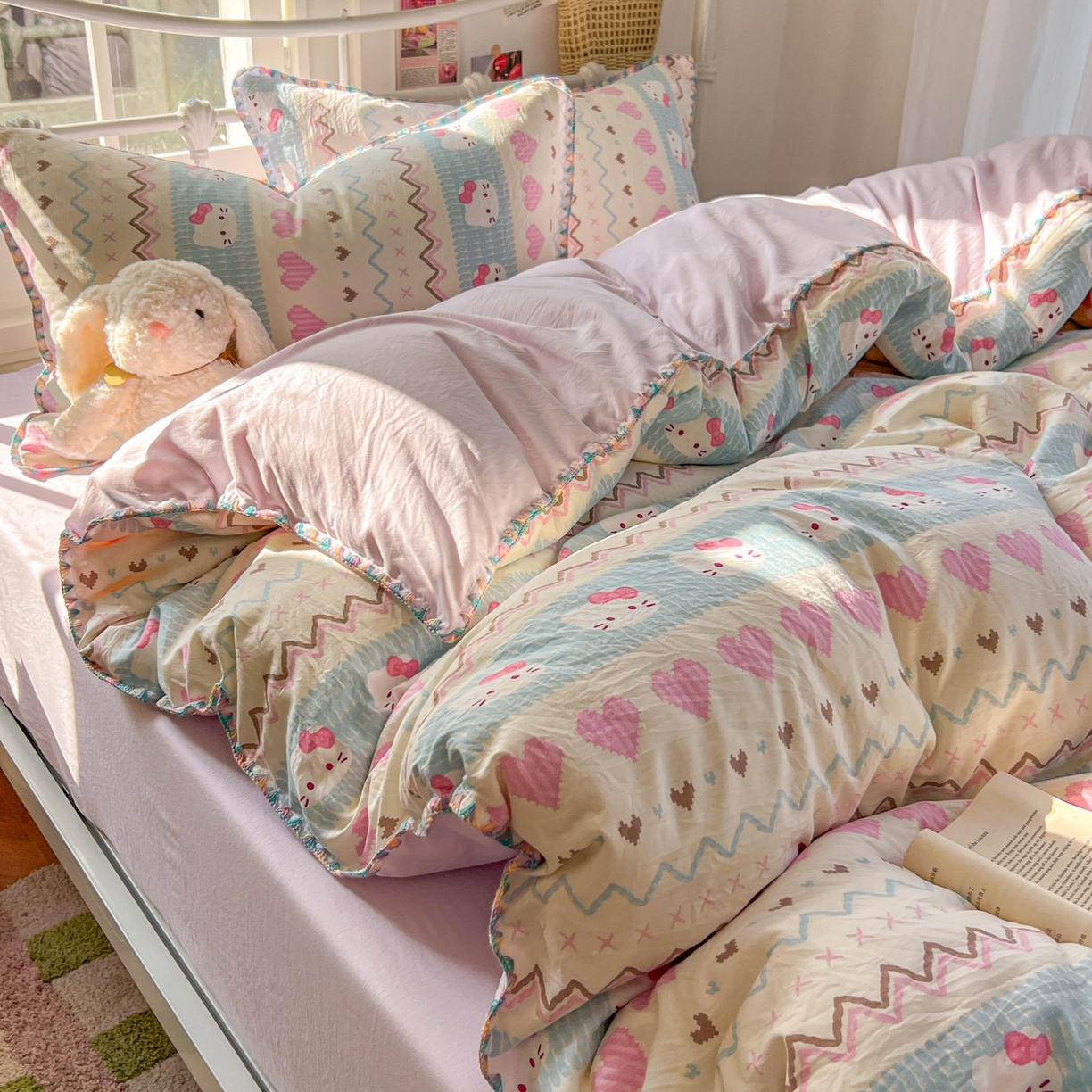 91家纺网 家纺一手货源 找家纺 冕悠家纺 2026新款超柔软卡通七彩贝壳边水洗棉四件套 提供买家秀 七彩-猫猫奶紫