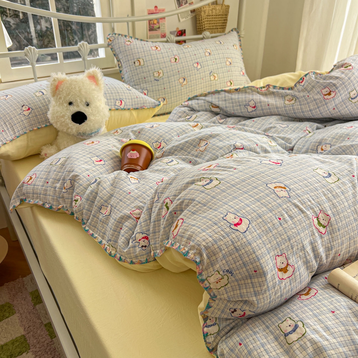 91家纺网 家纺一手货源 找家纺 冕悠家纺 2026新款超柔软卡通七彩贝壳边水洗棉四件套 提供买家秀 七彩-狗狗奶黄