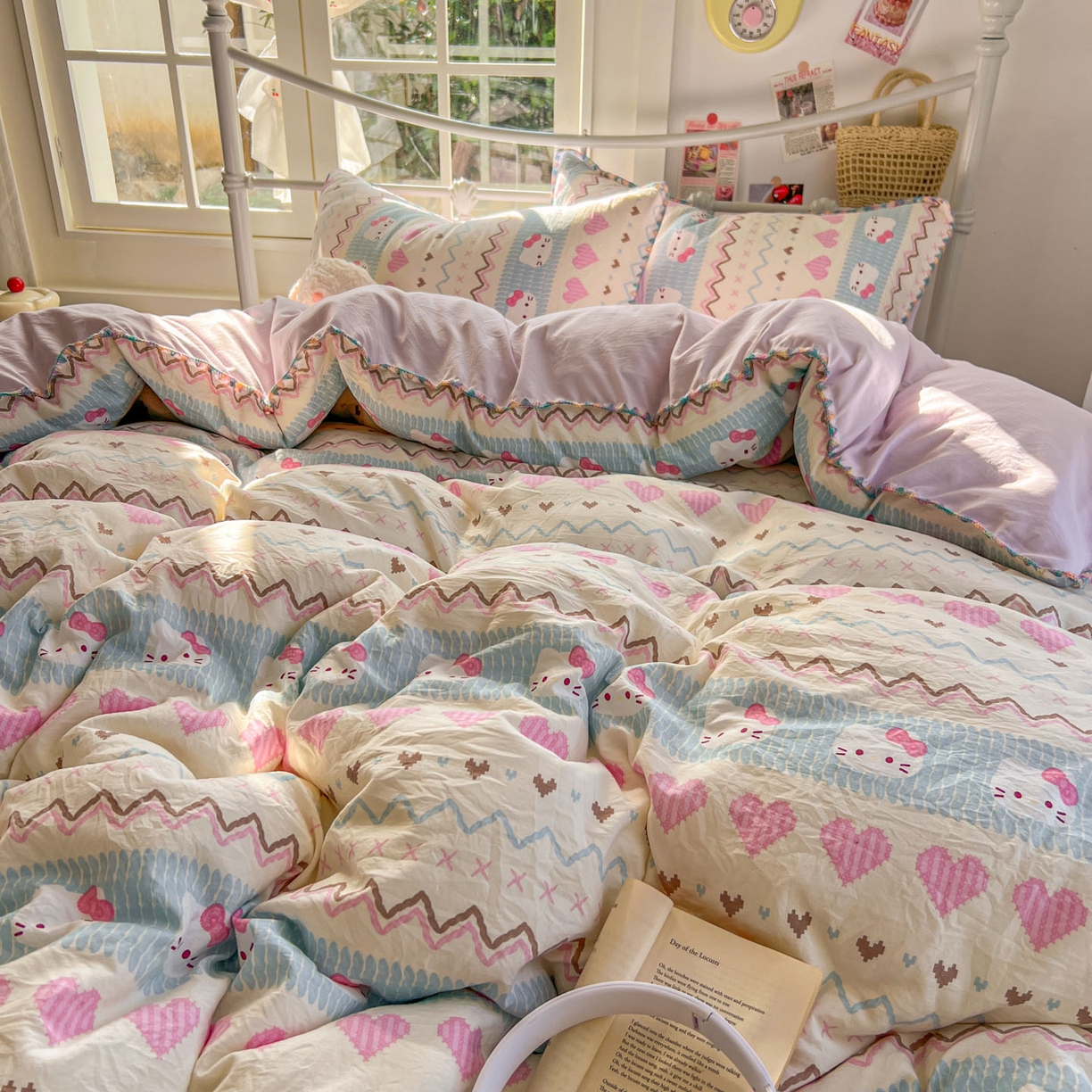 91家纺网 家纺一手货源 找家纺 冕悠家纺 2026新款超柔软卡通七彩贝壳边水洗棉四件套 提供买家秀 七彩-猫猫奶紫