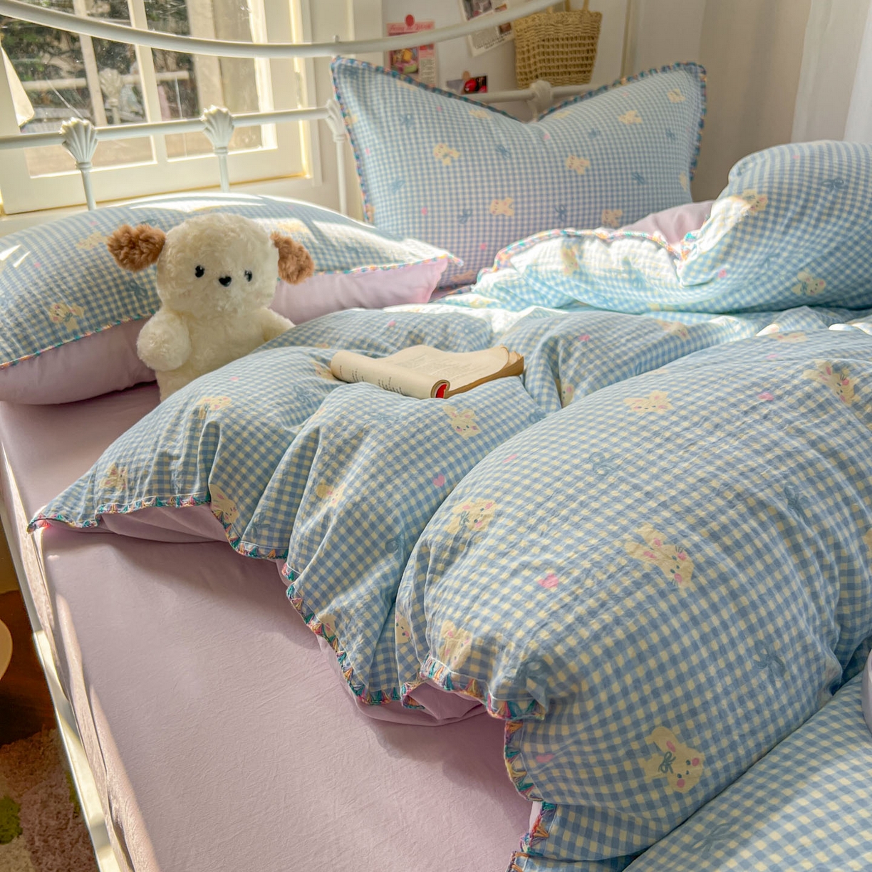 91家纺网 家纺一手货源 找家纺 冕悠家纺 2026新款超柔软卡通七彩贝壳边水洗棉四件套 提供买家秀 七彩-兔兔奶紫