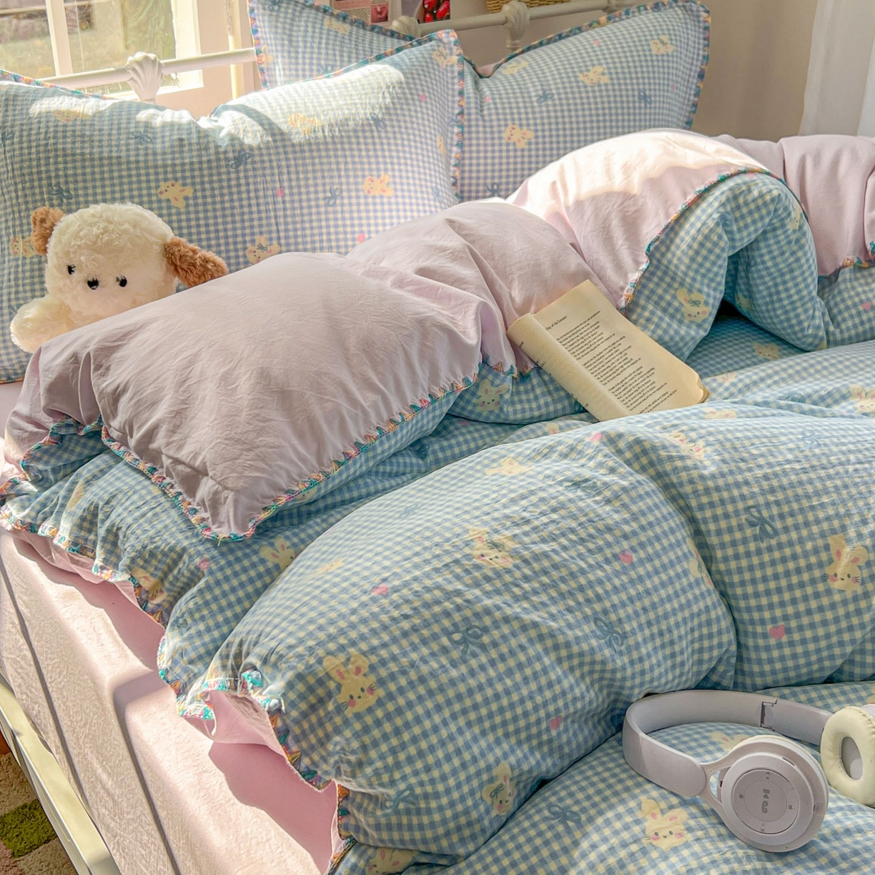 91家纺网 家纺一手货源 找家纺 冕悠家纺 2026新款超柔软卡通七彩贝壳边水洗棉四件套 提供买家秀 七彩-兔兔奶紫