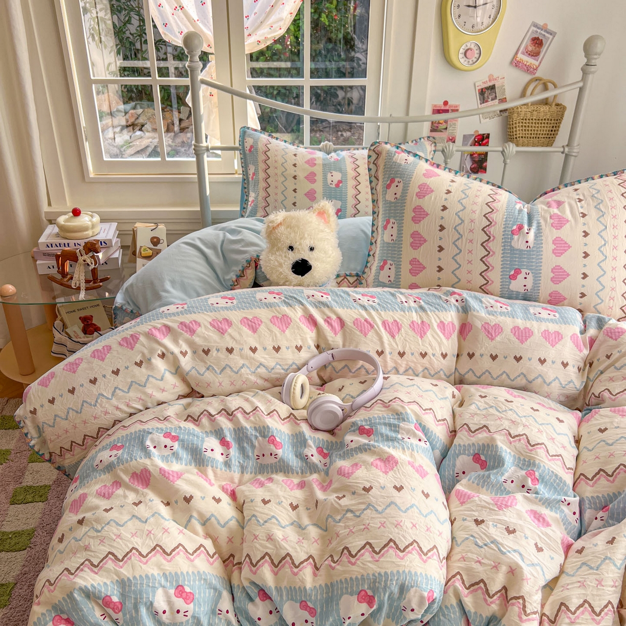 91家纺网 家纺一手货源 找家纺 冕悠家纺 2026新款超柔软卡通七彩贝壳边水洗棉四件套 提供买家秀 七彩-猫猫奶蓝