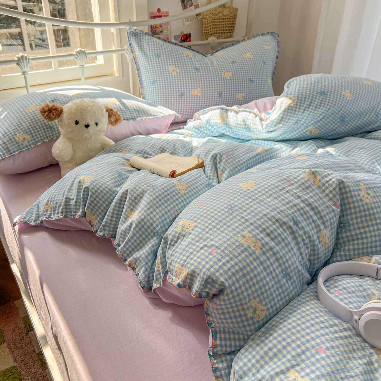 91家纺网 家纺一手货源 找家纺 冕悠家纺 2026新款超柔软卡通七彩贝壳边水洗棉四件套 提供买家秀 七彩-兔兔奶紫