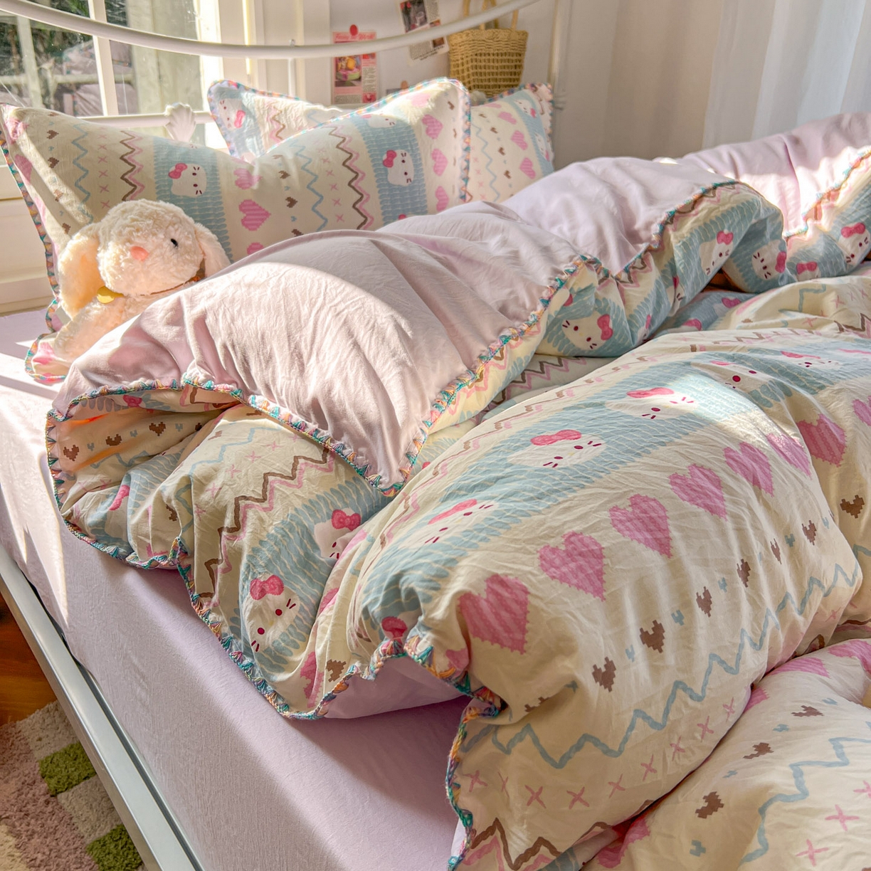 91家纺网 家纺一手货源 找家纺 冕悠家纺 2026新款超柔软卡通七彩贝壳边水洗棉四件套 提供买家秀 七彩-猫猫奶紫