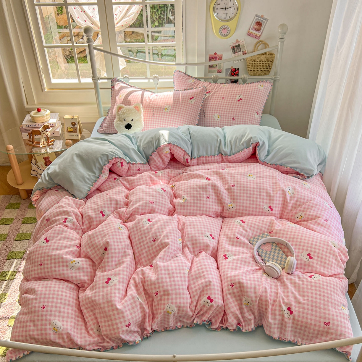 91家纺网 家纺一手货源 找家纺 冕悠家纺 2026新款超柔软卡通七彩贝壳边水洗棉四件套 提供买家秀 七彩-粉猫奶蓝