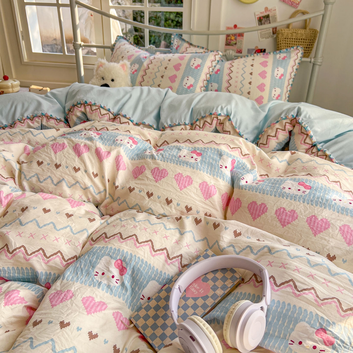 91家纺网 家纺一手货源 找家纺 冕悠家纺 2026新款超柔软卡通七彩贝壳边水洗棉四件套 提供买家秀 七彩-猫猫奶蓝