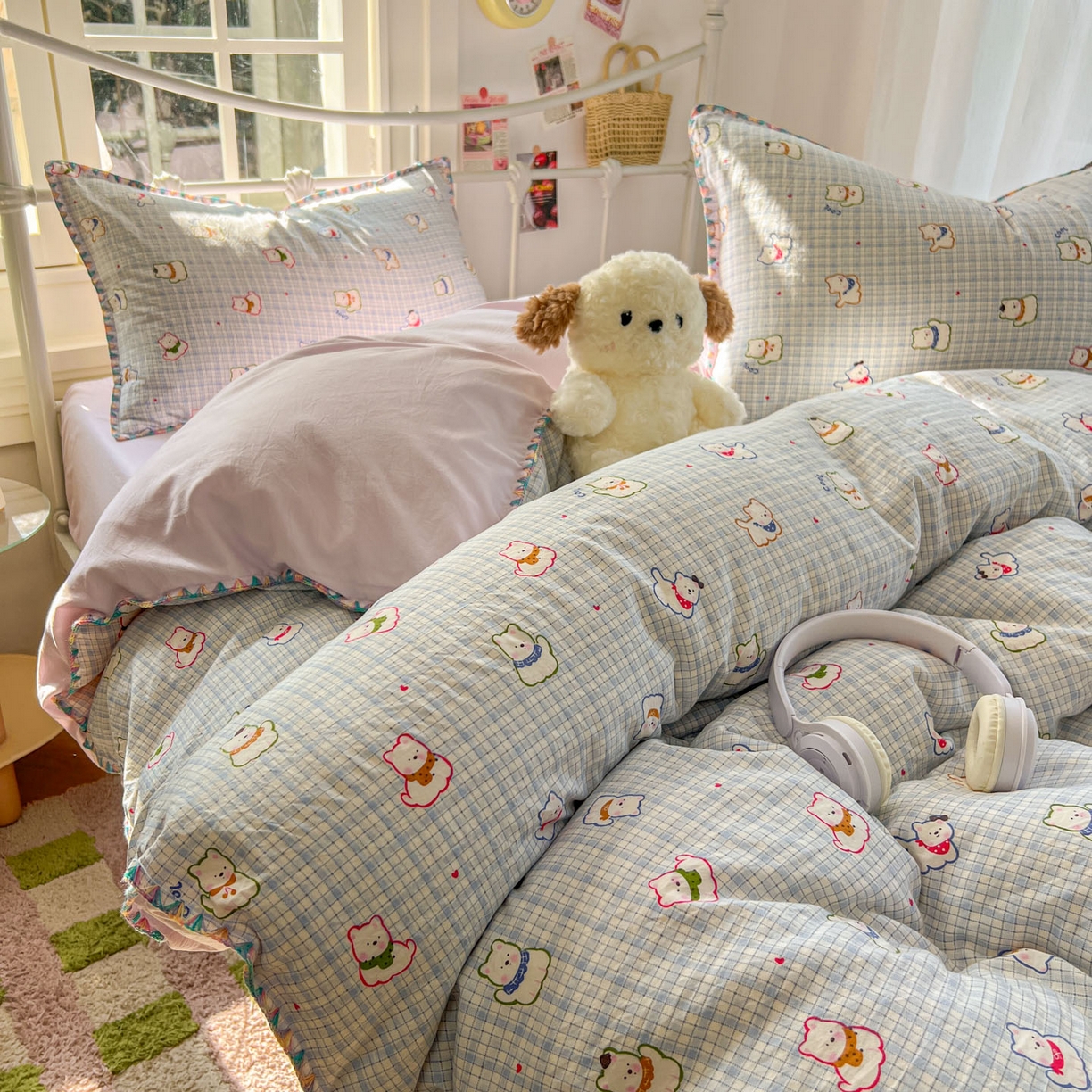 91家纺网 家纺一手货源 找家纺 冕悠家纺 2026新款超柔软卡通七彩贝壳边水洗棉四件套 提供买家秀 七彩- 狗狗奶紫