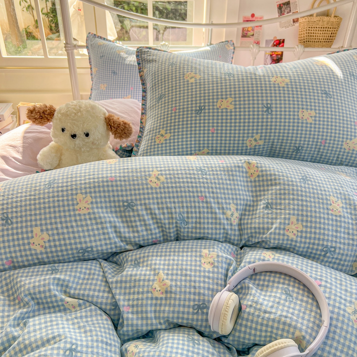 91家纺网 家纺一手货源 找家纺 冕悠家纺 2026新款超柔软卡通七彩贝壳边水洗棉四件套 提供买家秀 七彩-兔兔奶紫