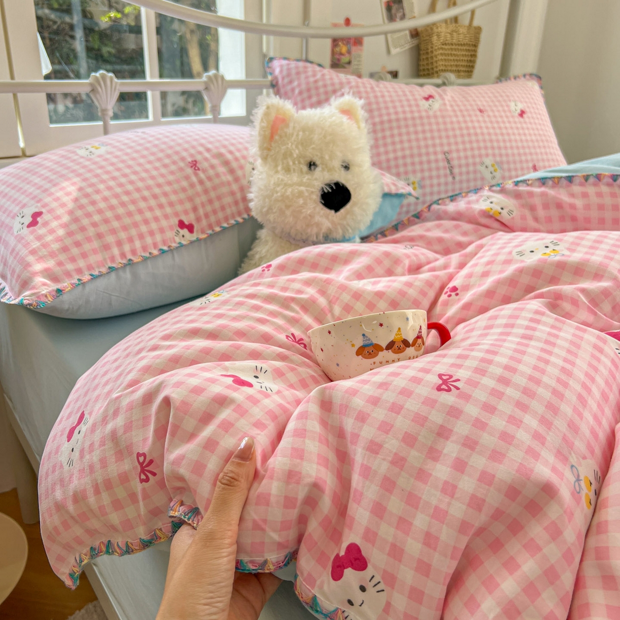 91家纺网 家纺一手货源 找家纺 冕悠家纺 2026新款超柔软卡通七彩贝壳边水洗棉四件套 提供买家秀 七彩-粉猫奶蓝