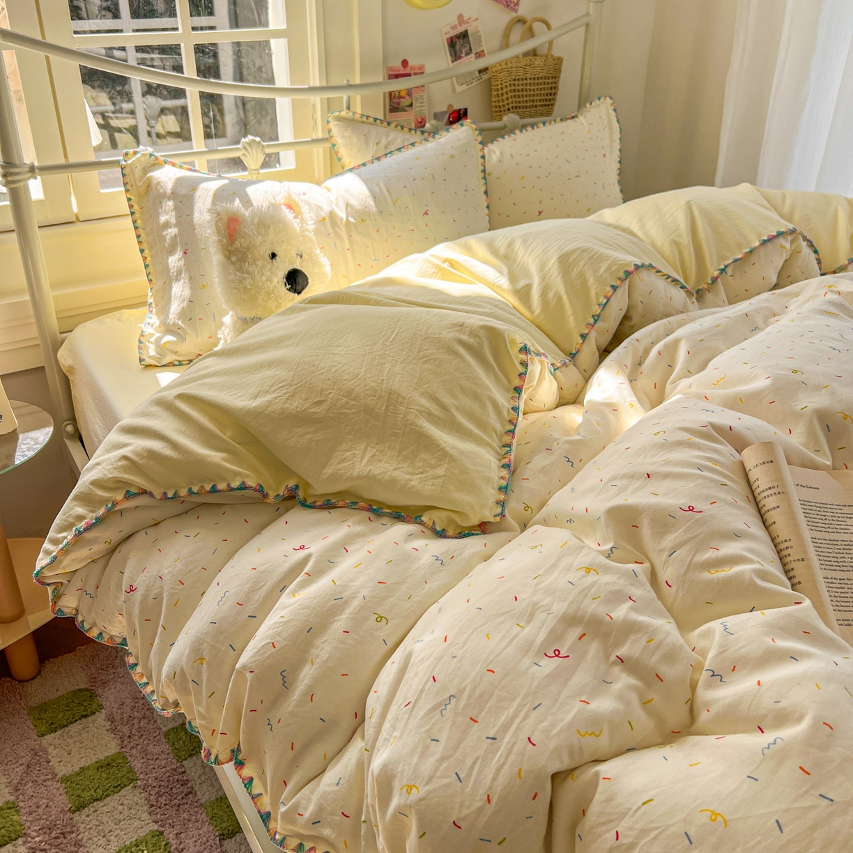 91家纺网 家纺一手货源 找家纺 冕悠家纺 2026新款超柔软卡通七彩贝壳边水洗棉四件套 提供买家秀 七彩-冰激凌奶黄