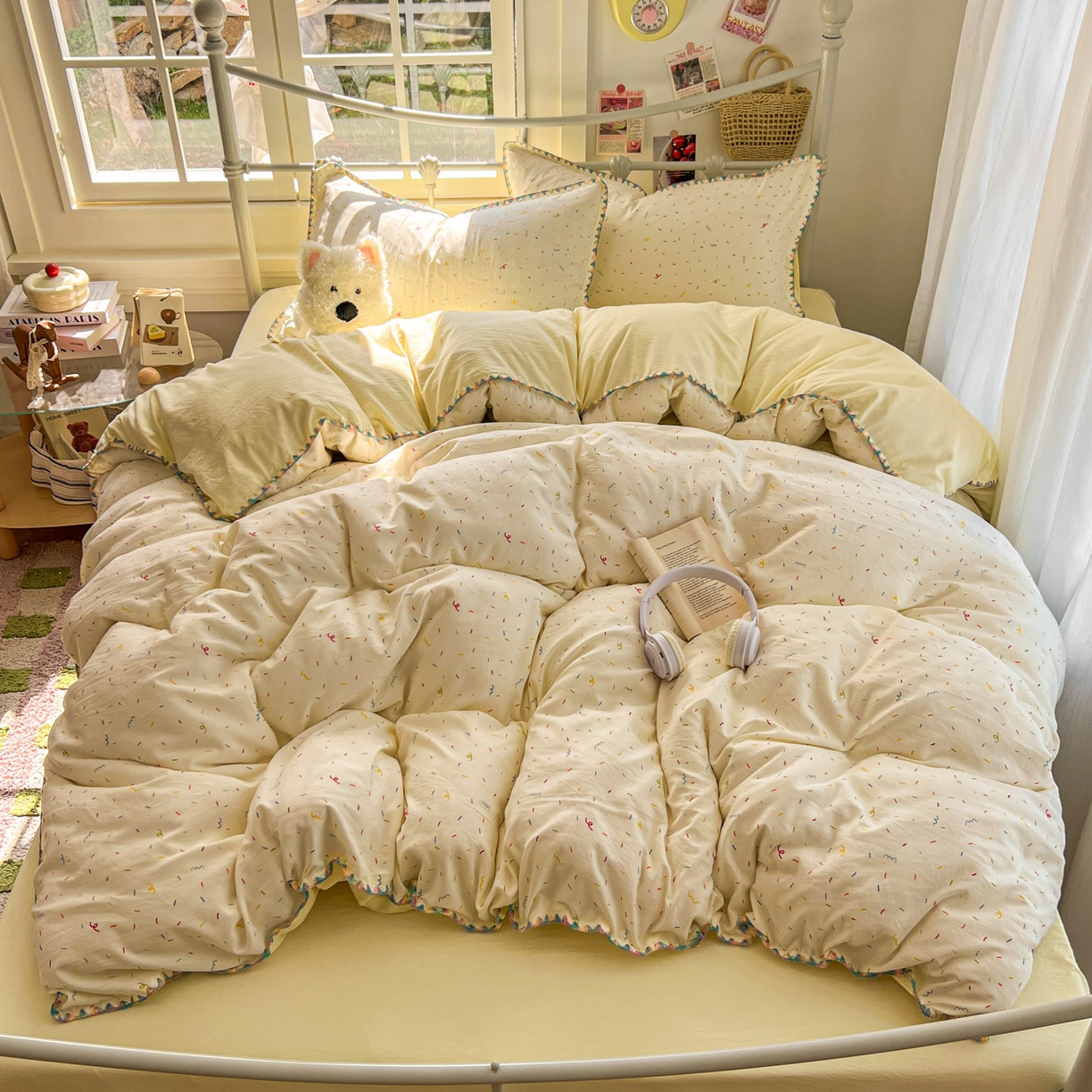 91家纺网 家纺一手货源 找家纺 冕悠家纺 2026新款超柔软卡通七彩贝壳边水洗棉四件套 提供买家秀 七彩-冰激凌奶黄