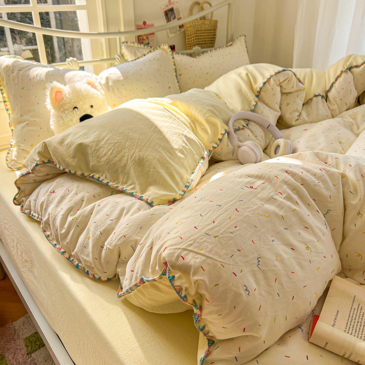 91家纺网 家纺一手货源 找家纺 冕悠家纺 2026新款超柔软卡通七彩贝壳边水洗棉四件套 提供买家秀 七彩-冰激凌奶黄