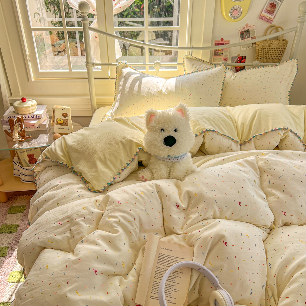 91家纺网 家纺一手货源 找家纺 冕悠家纺 2026新款超柔软卡通七彩贝壳边水洗棉四件套 提供买家秀 七彩-冰激凌奶黄