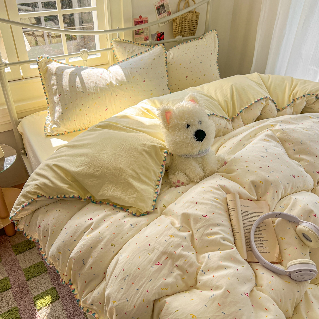 91家纺网 家纺一手货源 找家纺 冕悠家纺 2026新款超柔软卡通七彩贝壳边水洗棉四件套 提供买家秀 七彩-冰激凌奶黄