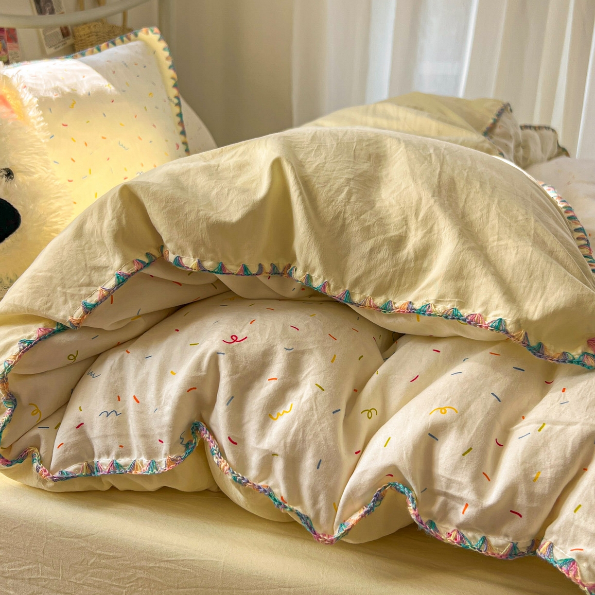 91家纺网 家纺一手货源 找家纺 冕悠家纺 2026新款超柔软卡通七彩贝壳边水洗棉四件套 提供买家秀 七彩-冰激凌奶黄