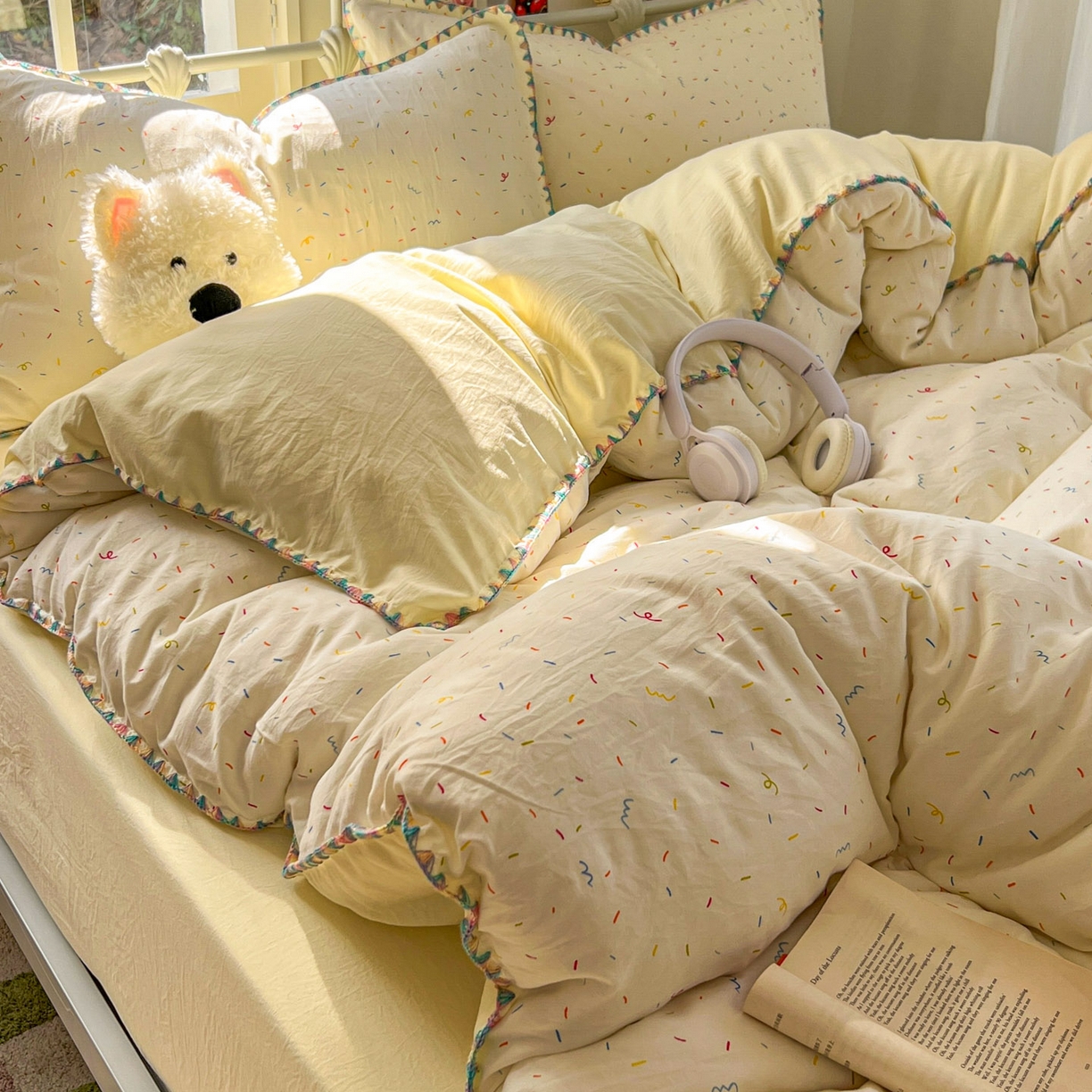 91家纺网 家纺一手货源 找家纺 冕悠家纺 2026新款超柔软卡通七彩贝壳边水洗棉四件套 提供买家秀 七彩-冰激凌奶黄